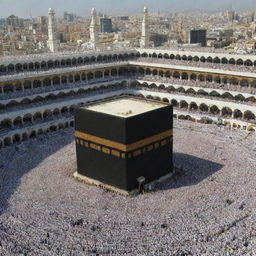 Hundreds of devoted Muslims performing Tawaf around the Ka'bah during Hajj; a testament to faith and unity, under the clear blue sky.