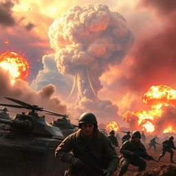 A dramatic scene depicting a high-stakes military confrontation between two fictional nations, showcasing a vibrant battlefield landscape with contrasting colors of explosions, smoke, and chaos filling the skies