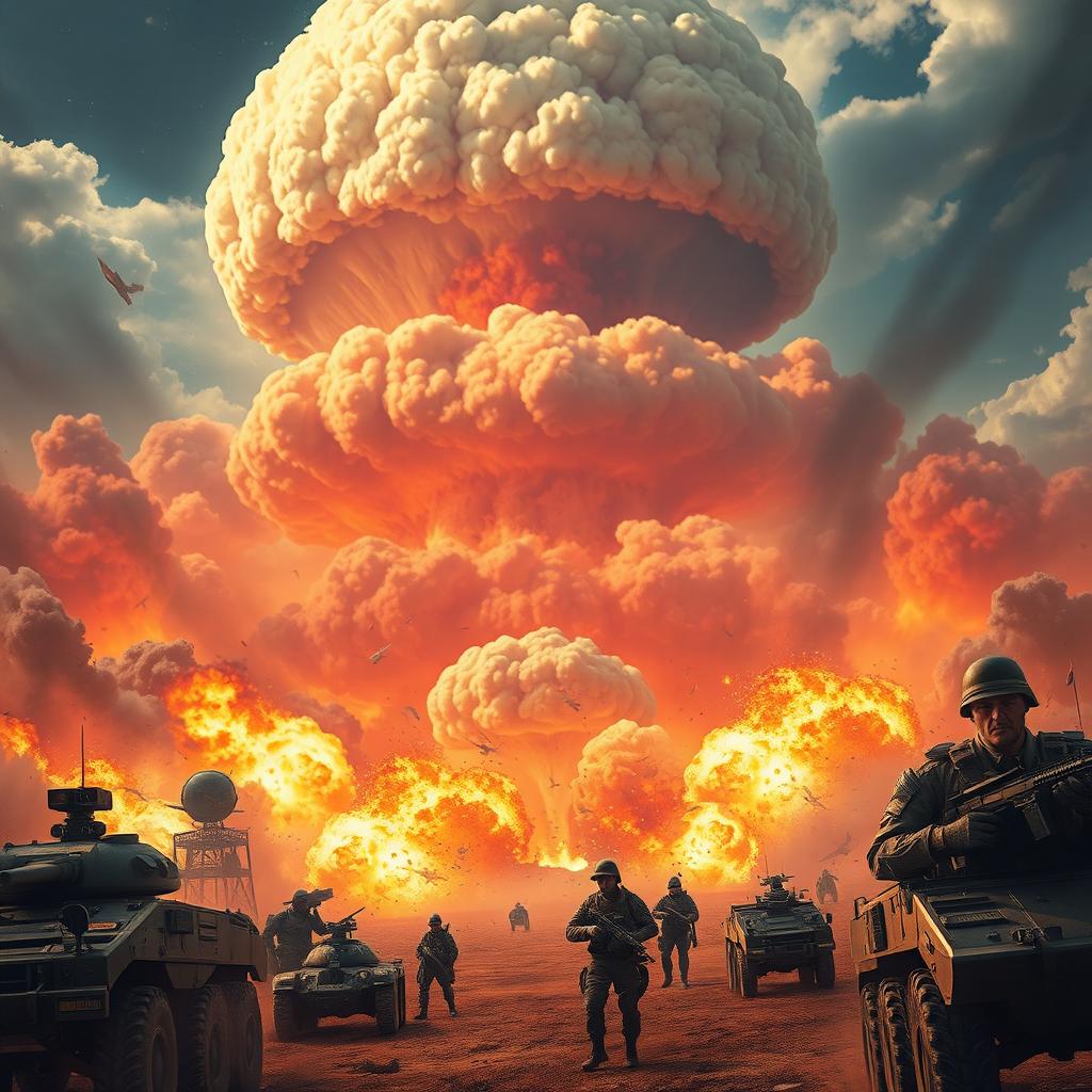 A dramatic scene depicting a high-stakes military confrontation between two fictional nations, showcasing a vibrant battlefield landscape with contrasting colors of explosions, smoke, and chaos filling the skies