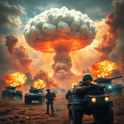 A dramatic scene depicting a high-stakes military confrontation between two fictional nations, showcasing a vibrant battlefield landscape with contrasting colors of explosions, smoke, and chaos filling the skies