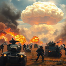 A dramatic scene depicting a high-stakes military confrontation between two fictional nations, showcasing a vibrant battlefield landscape with contrasting colors of explosions, smoke, and chaos filling the skies