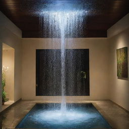 An unusual and captivating scene where water is inexplicably flowing from the ceiling, creating cascades that shimmer and glisten, transforming the ambiance of the room.