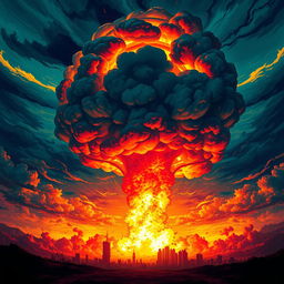 An imaginative representation of a powerful nuclear explosion, with vibrant colors and dramatic effects illuminating the sky