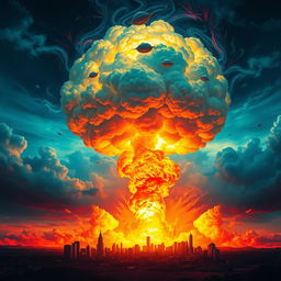 An imaginative representation of a powerful nuclear explosion, with vibrant colors and dramatic effects illuminating the sky