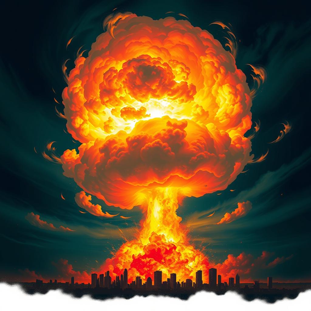 An imaginative representation of a powerful nuclear explosion, with vibrant colors and dramatic effects illuminating the sky