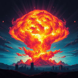 An imaginative representation of a powerful nuclear explosion, with vibrant colors and dramatic effects illuminating the sky