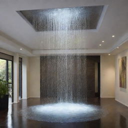 An unusual and captivating scene where water is inexplicably flowing from the ceiling, creating cascades that shimmer and glisten, transforming the ambiance of the room.