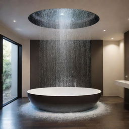 An unusual and captivating scene where water is inexplicably flowing from the ceiling, creating cascades that shimmer and glisten, transforming the ambiance of the room.