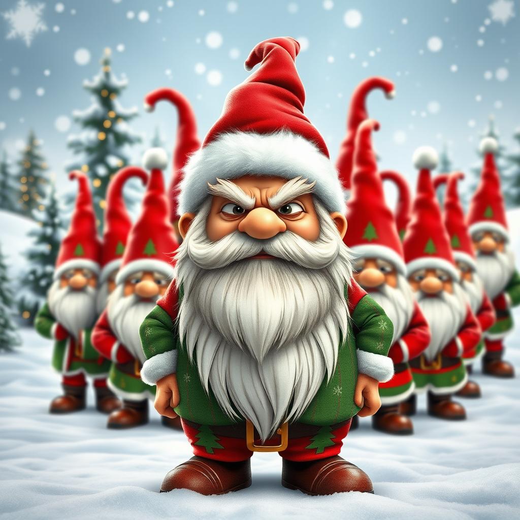 A Christmas-themed gnome with a fluffy beard and a comically mad expression, standing confidently at the forefront