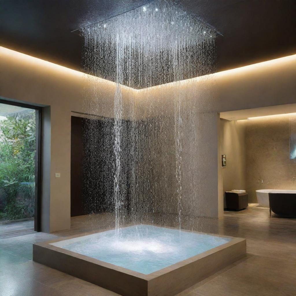 An unusual and captivating scene where water is inexplicably flowing from the ceiling, creating cascades that shimmer and glisten, transforming the ambiance of the room.