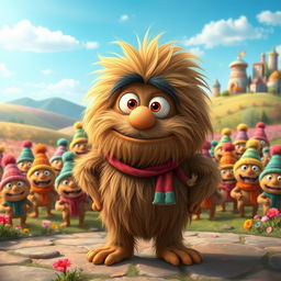 A prominent gonk character with a fluffy, shaggy appearance, standing confidently at the forefront