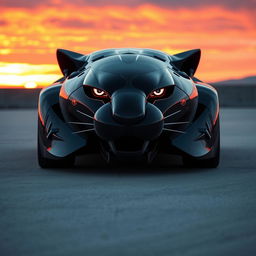 A futuristic car design where the front resembles the fierce face of a black panther, detailed with sharp, elegant lines and glowing eyes, seamlessly transformed into the sleek, aerodynamic back of a Tesla model, showcasing a cohesive fusion of wild and modern design