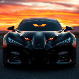 A futuristic car design where the front resembles the fierce face of a black panther, detailed with sharp, elegant lines and glowing eyes, seamlessly transformed into the sleek, aerodynamic back of a Tesla model, showcasing a cohesive fusion of wild and modern design