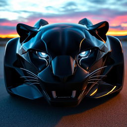 A futuristic car design where the front resembles the fierce face of a black panther, detailed with sharp, elegant lines and glowing eyes, seamlessly transformed into the sleek, aerodynamic back of a Tesla model, showcasing a cohesive fusion of wild and modern design