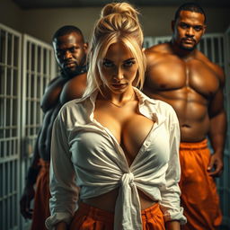 A dynamic close-up shot of three characters, focusing on a sexy female with blonde hair tied back, wearing a white shirt tied in front that accentuates her large chest and cleavage