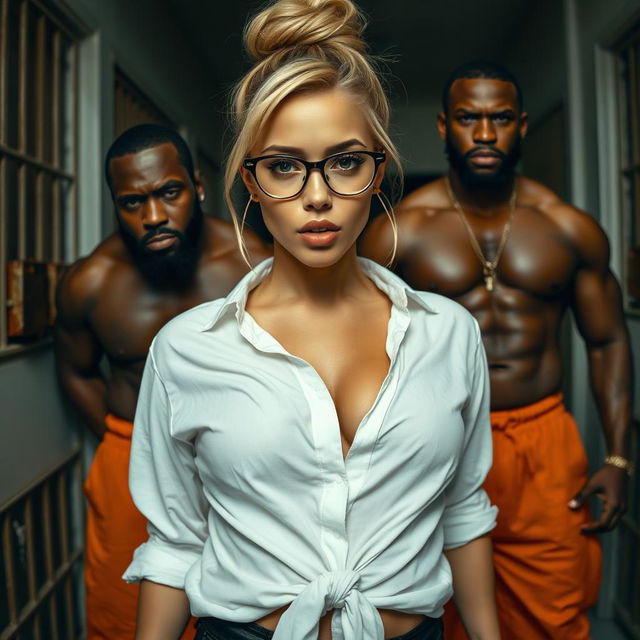 A close-up shot focusing on a sexy female character with blonde hair styled in a top bun, wearing small glasses