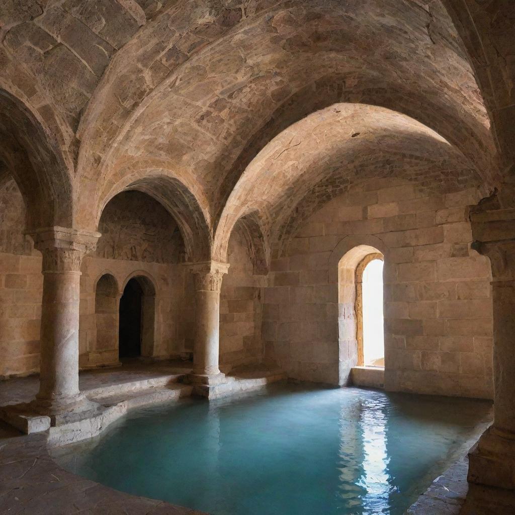 An enchanting sight inside a historic Armenian monastery, where water mysteriously flows from the ceiling, adding a surreal and mystical touch to the ancient, stone-laden architecture.