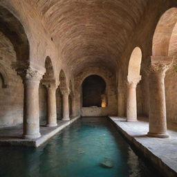 An enchanting sight inside a historic Armenian monastery, where water mysteriously flows from the ceiling, adding a surreal and mystical touch to the ancient, stone-laden architecture.