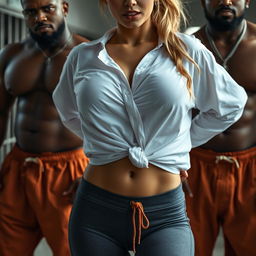 A close-up shot focusing on the chest and torso of a sexy female character with blonde hair tied back, wearing a white shirt knotted at the front, accentuating her large chest and cleavage