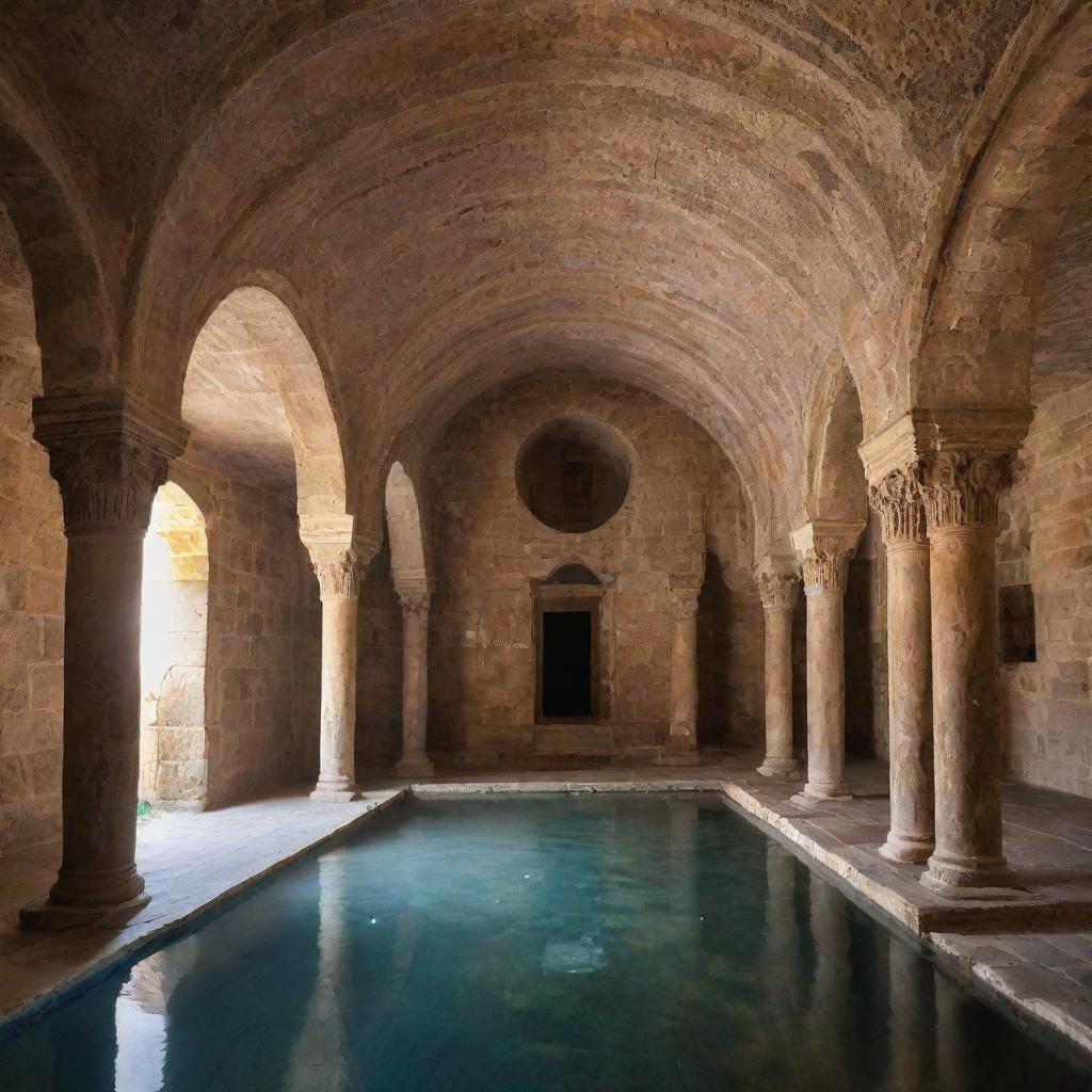 An enchanting sight inside a historic Armenian monastery, where water mysteriously flows from the ceiling, adding a surreal and mystical touch to the ancient, stone-laden architecture.