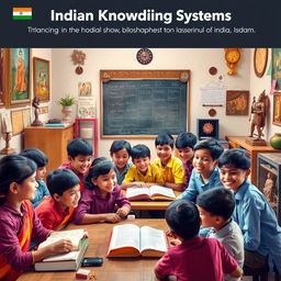 A vibrant educational scene showcasing Indian Knowledge Systems in the context of the National Education Policy 2020