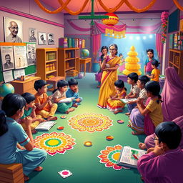 A vibrant and colorful scene depicting Indian education and culture