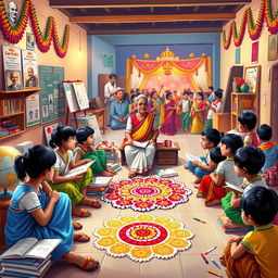 A vibrant and colorful scene depicting Indian education and culture