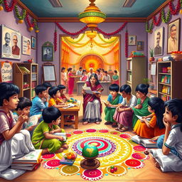 A vibrant and colorful scene depicting Indian education and culture