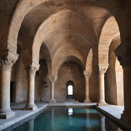 An enchanting sight inside a historic Armenian monastery, where water mysteriously flows from the ceiling, adding a surreal and mystical touch to the ancient, stone-laden architecture.