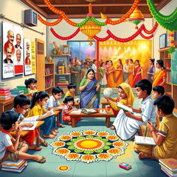 A vibrant and colorful scene depicting Indian education and culture