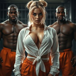 A close-up shot focusing on a sexy female character with a large chest and prominent cleavage