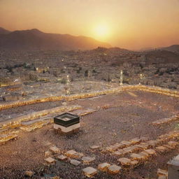 A serene scene of Mecca during the time of Prophet Muhammad, with historic structures, peaceful streets and bustling markets under a warm, golden sky.