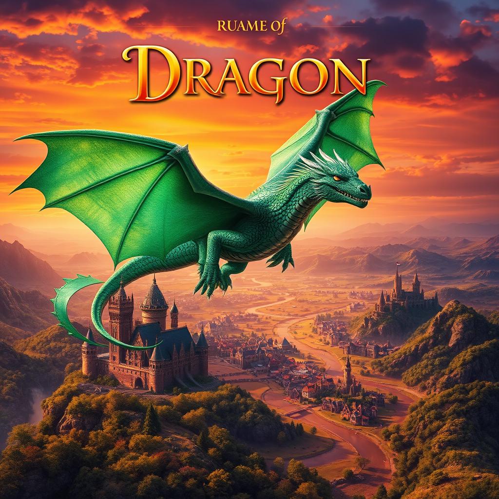 Book cover for a fantasy novel featuring a majestic dragon flying over a breathtaking landscape