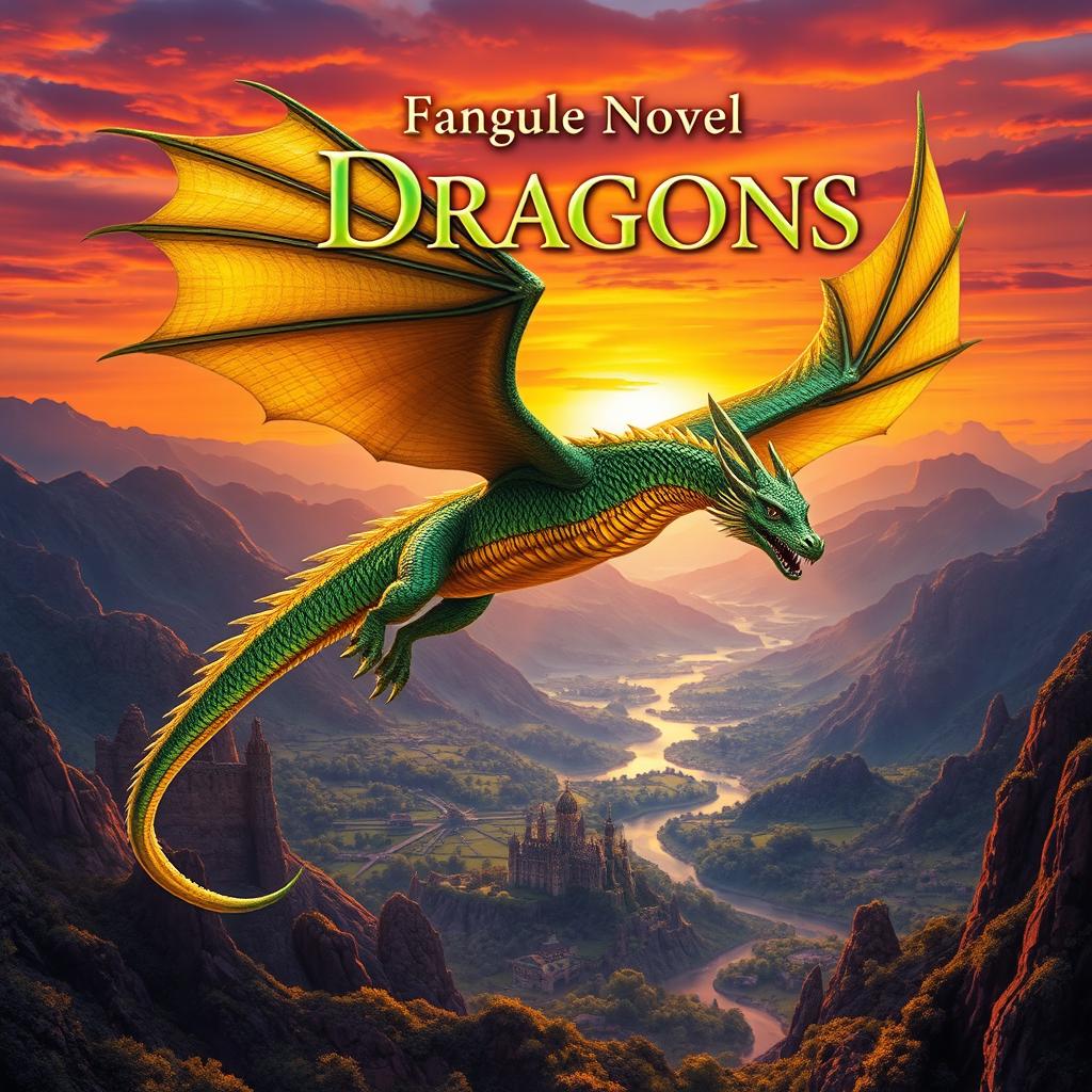 Book cover for a fantasy novel featuring a majestic dragon flying over a breathtaking landscape