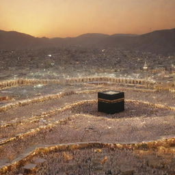 A serene scene of Mecca during the time of Prophet Muhammad, with historic structures, peaceful streets and bustling markets under a warm, golden sky.