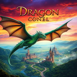 Book cover for a fantasy novel featuring a majestic dragon flying over a breathtaking landscape