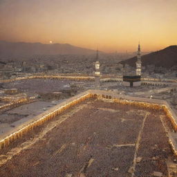 A serene scene of Mecca during the time of Prophet Muhammad, with historic structures, peaceful streets and bustling markets under a warm, golden sky.