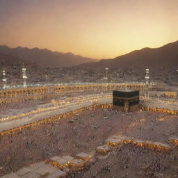 A serene scene of Mecca during the time of Prophet Muhammad, with historic structures, peaceful streets and bustling markets under a warm, golden sky.