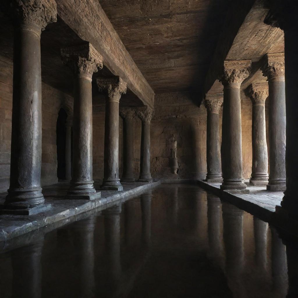 A mesmerizing scene of a water stream flowing mysteriously from the ceiling of an ancient, atmospheric monastery, bathing the dark stone columns and carvings in a reflective light.