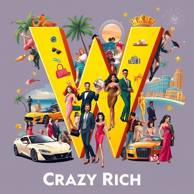 A large and prominent letter 'W', creatively filled with imagery and elements representing the extravagant lifestyle of the 'Crazy Rich'