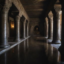 A mesmerizing scene of a water stream flowing mysteriously from the ceiling of an ancient, atmospheric monastery, bathing the dark stone columns and carvings in a reflective light.