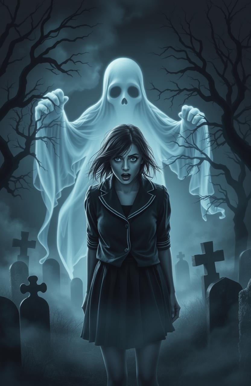 A school cover design set against a dark, eerie cemetery backdrop