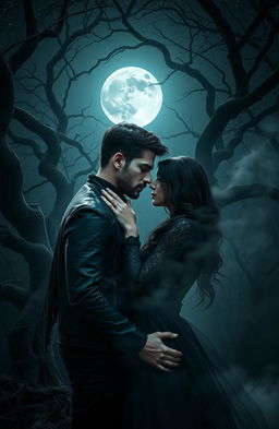 A hauntingly beautiful dark romance scene set in a moonlit forest, where two lovers with intense, passionate expressions are locked in an embrace