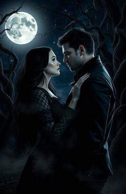 A hauntingly beautiful dark romance scene set in a moonlit forest, where two lovers with intense, passionate expressions are locked in an embrace