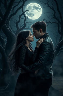 A hauntingly beautiful dark romance scene set in a moonlit forest, where two lovers with intense, passionate expressions are locked in an embrace