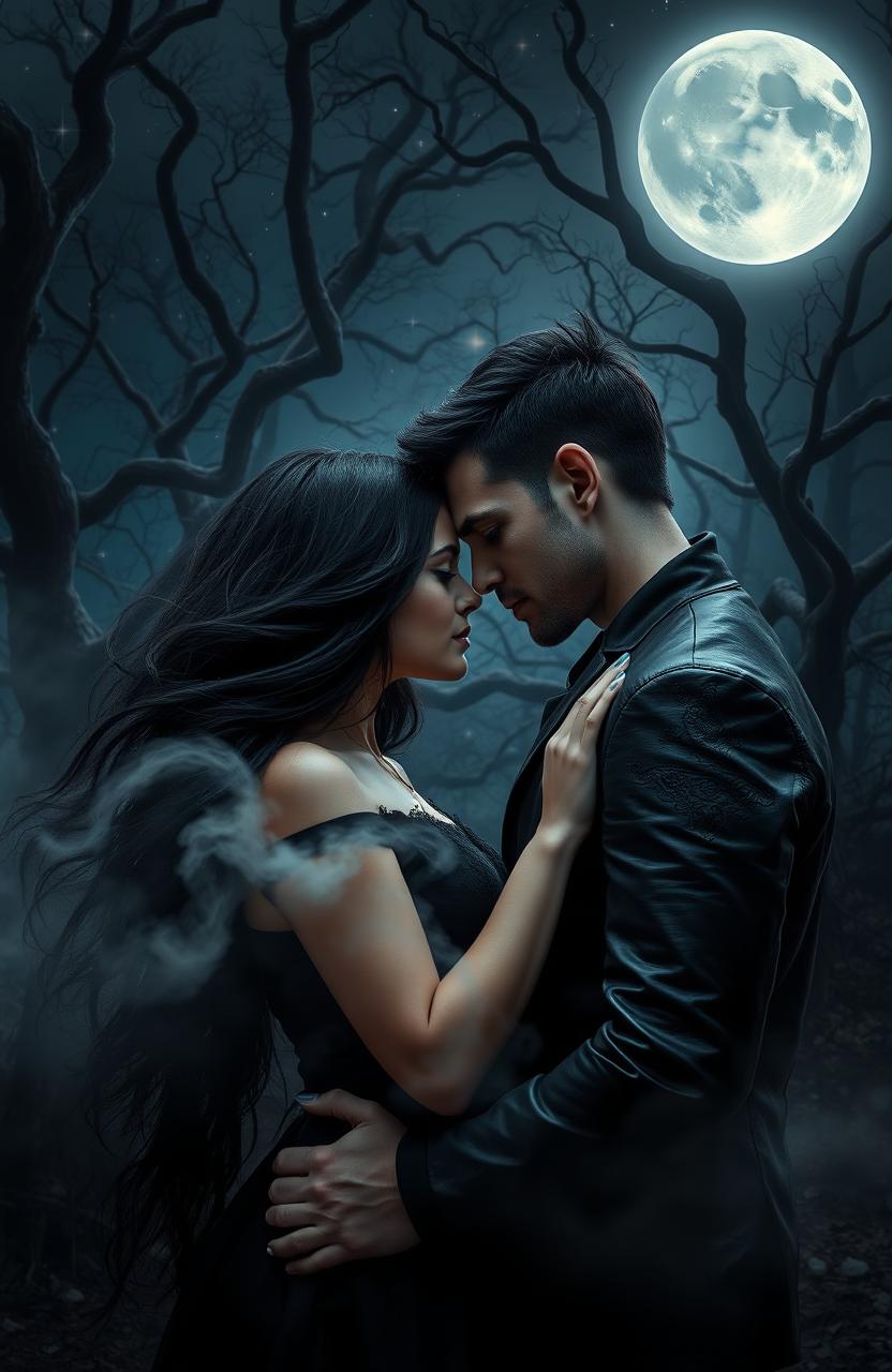 A hauntingly beautiful dark romance scene set in a moonlit forest, where two lovers with intense, passionate expressions are locked in an embrace