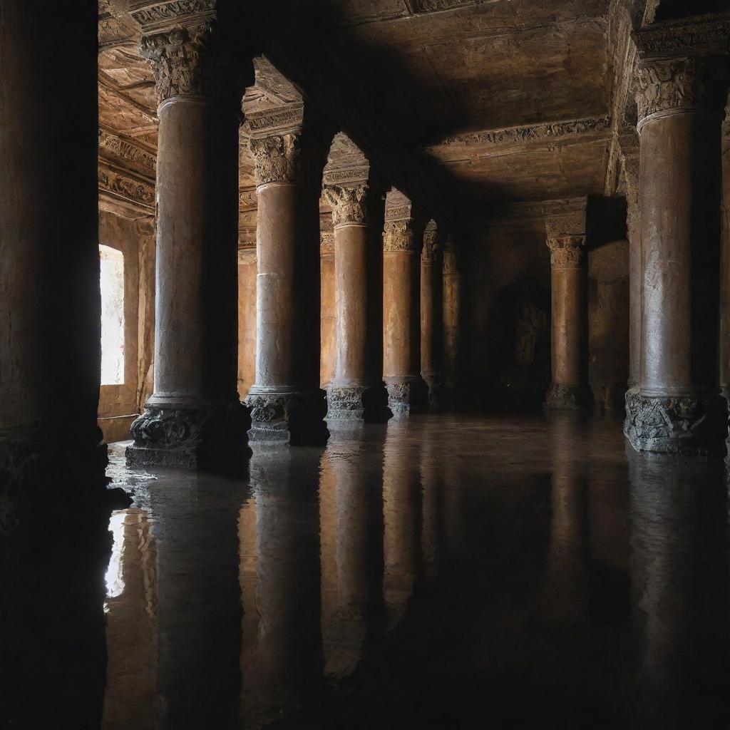 A mesmerizing scene of a water stream flowing mysteriously from the ceiling of an ancient, atmospheric monastery, bathing the dark stone columns and carvings in a reflective light.