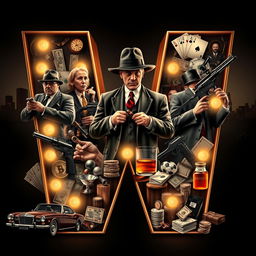 A large and prominent letter 'W', creatively filled with imagery representing classic mafia themes