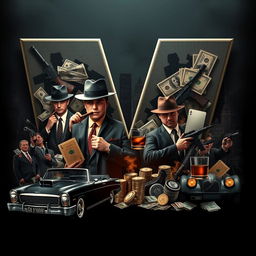 A large and prominent letter 'W', creatively filled with imagery representing classic mafia themes