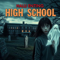 A haunting cover design featuring a high school in the background, slightly blurred to emphasize its eerie presence